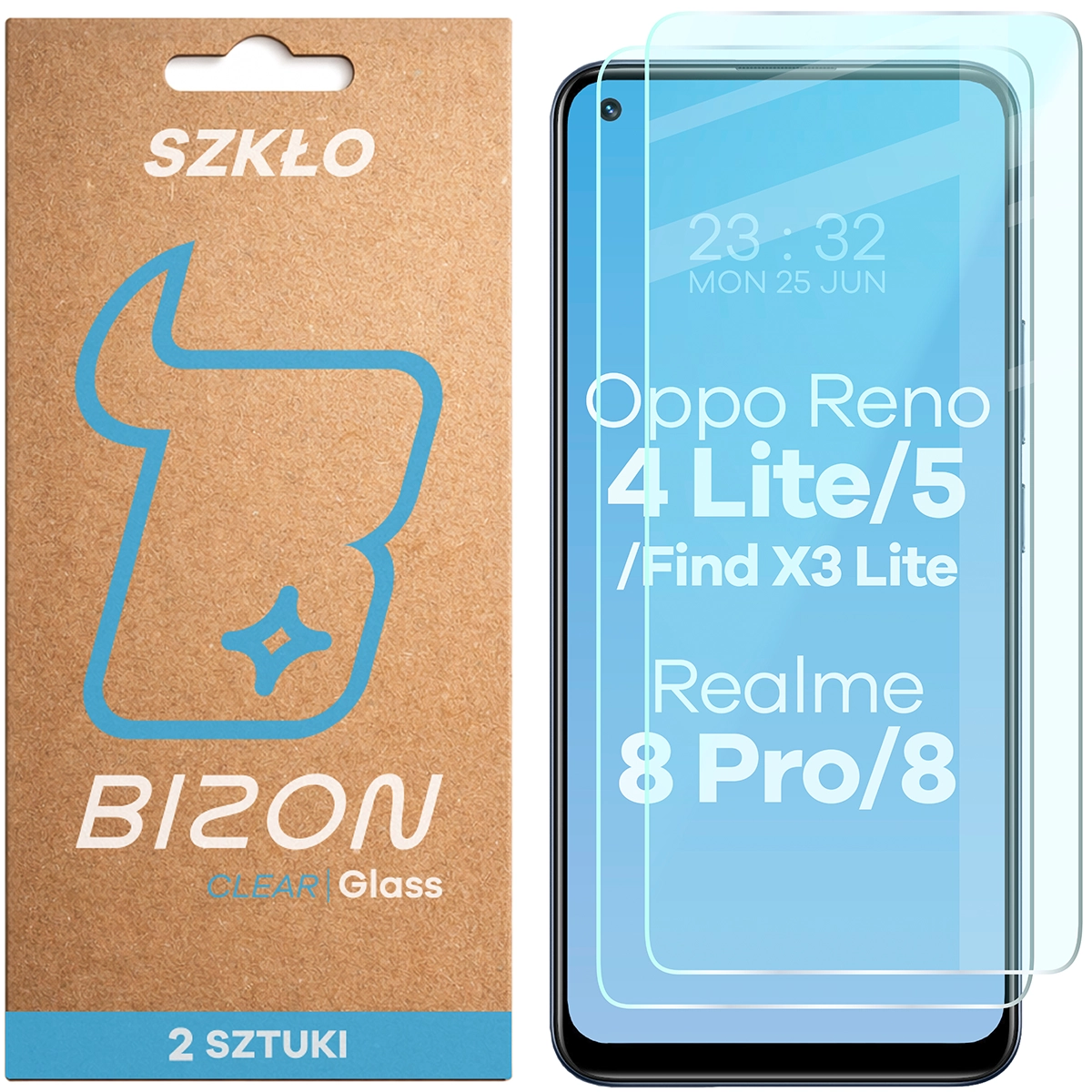 Szkło hartowane Bizon Glass Clear Duo do Oppo Reno 4 Lite / Oppo Reno 5/ Oppo Find X3 Lite / Realme 8 / Realme 8 Pro, 2 sztuki